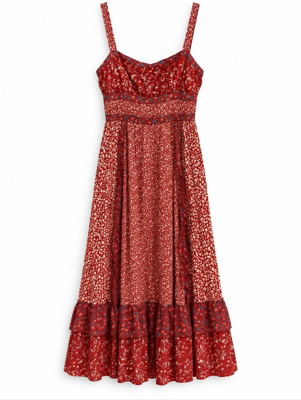 NWT Free People Red Floral Patchwork Boho Maxi Dress Size S Ruffle